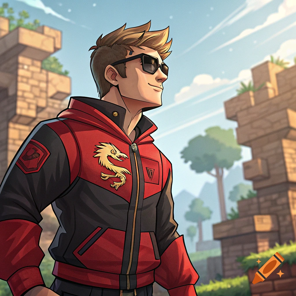 Illustrated character in a red and black jacket and sunglasses standing in a blocky, stylized landscape.