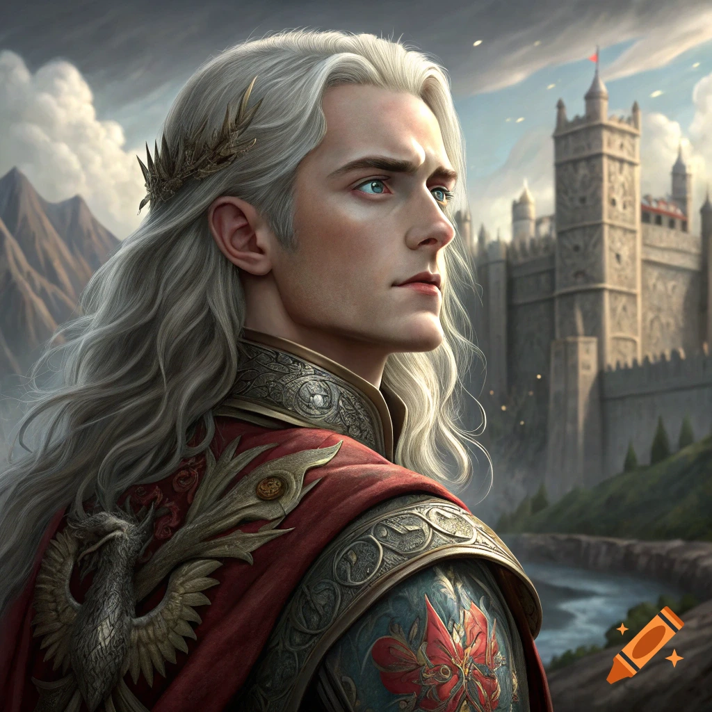 Portrait of a fantasy prince with long white hair and elaborate armor, looking at a distant castle.