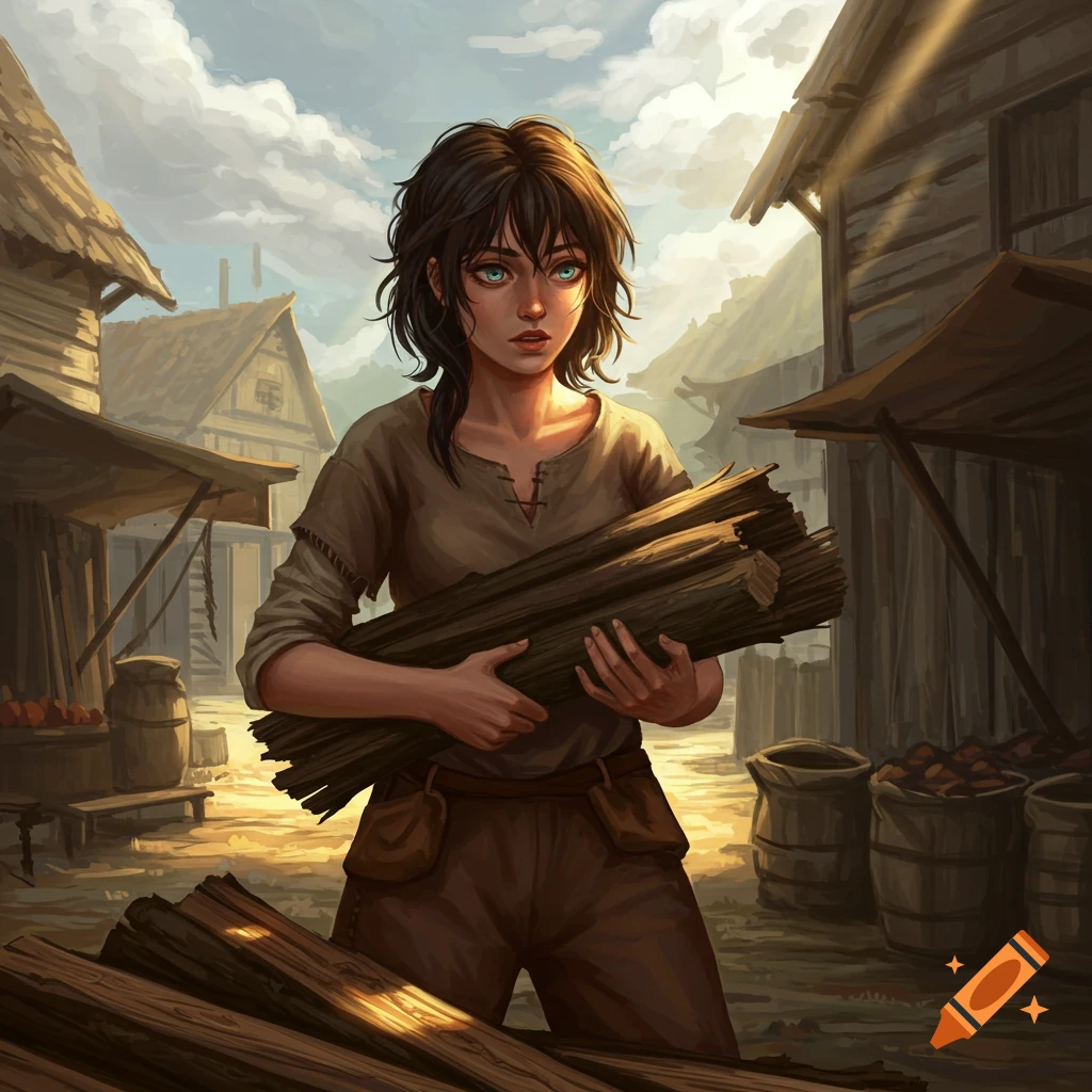 A young woman holds firewood in a village street.