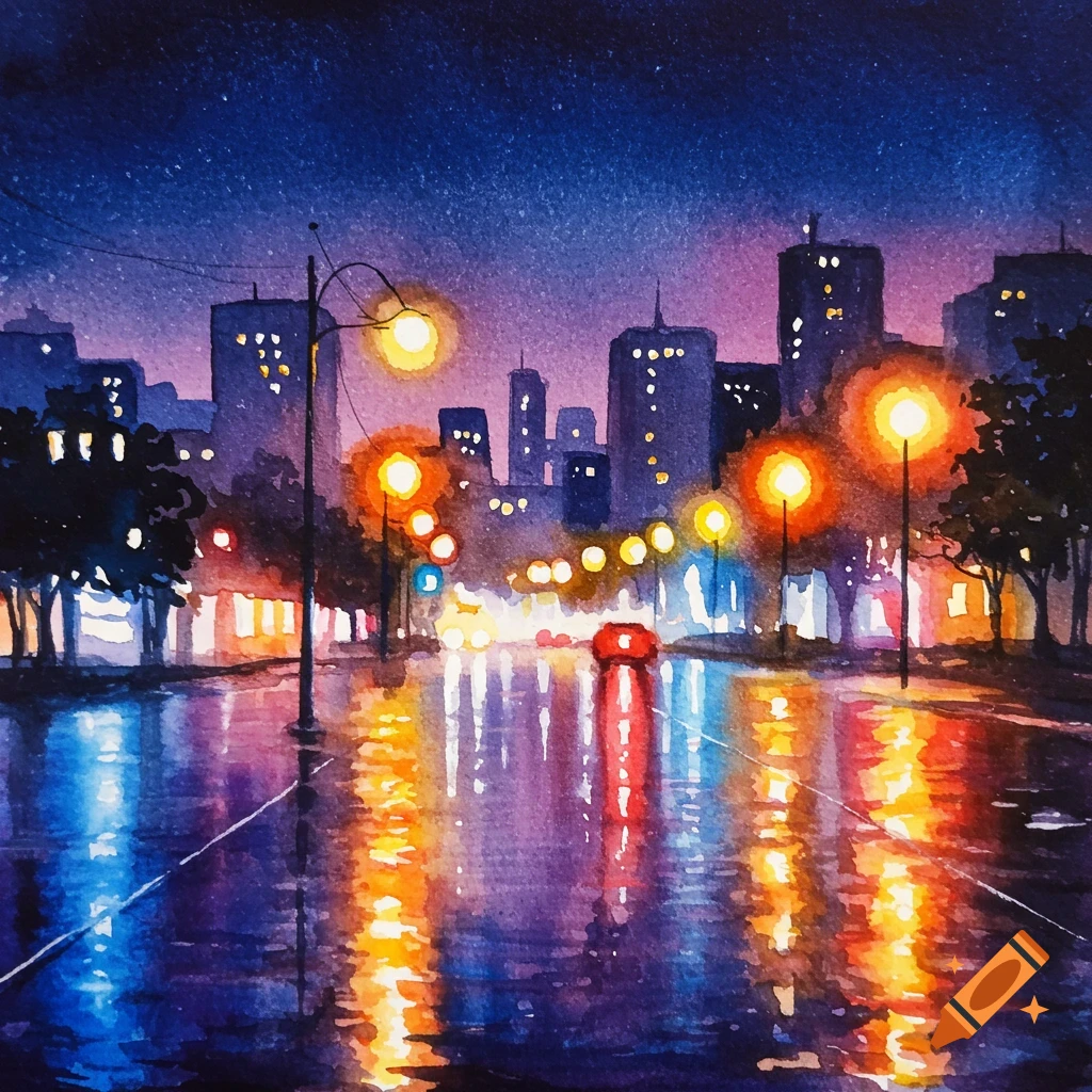 Watercolor painting of a rainy city street at night with colorful light reflections.