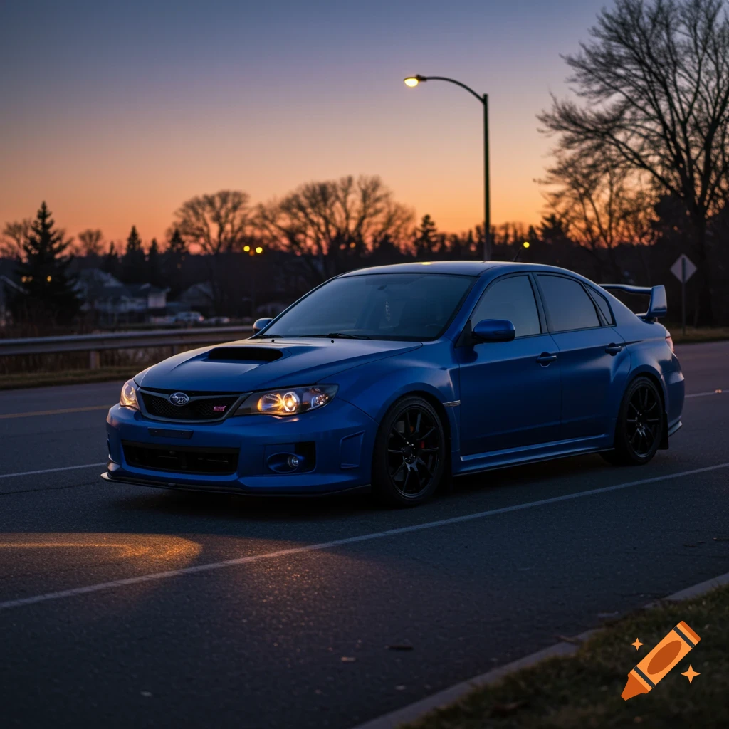 Blue Subaru WRX parked on the side of a road at dusk, photorealistic style.