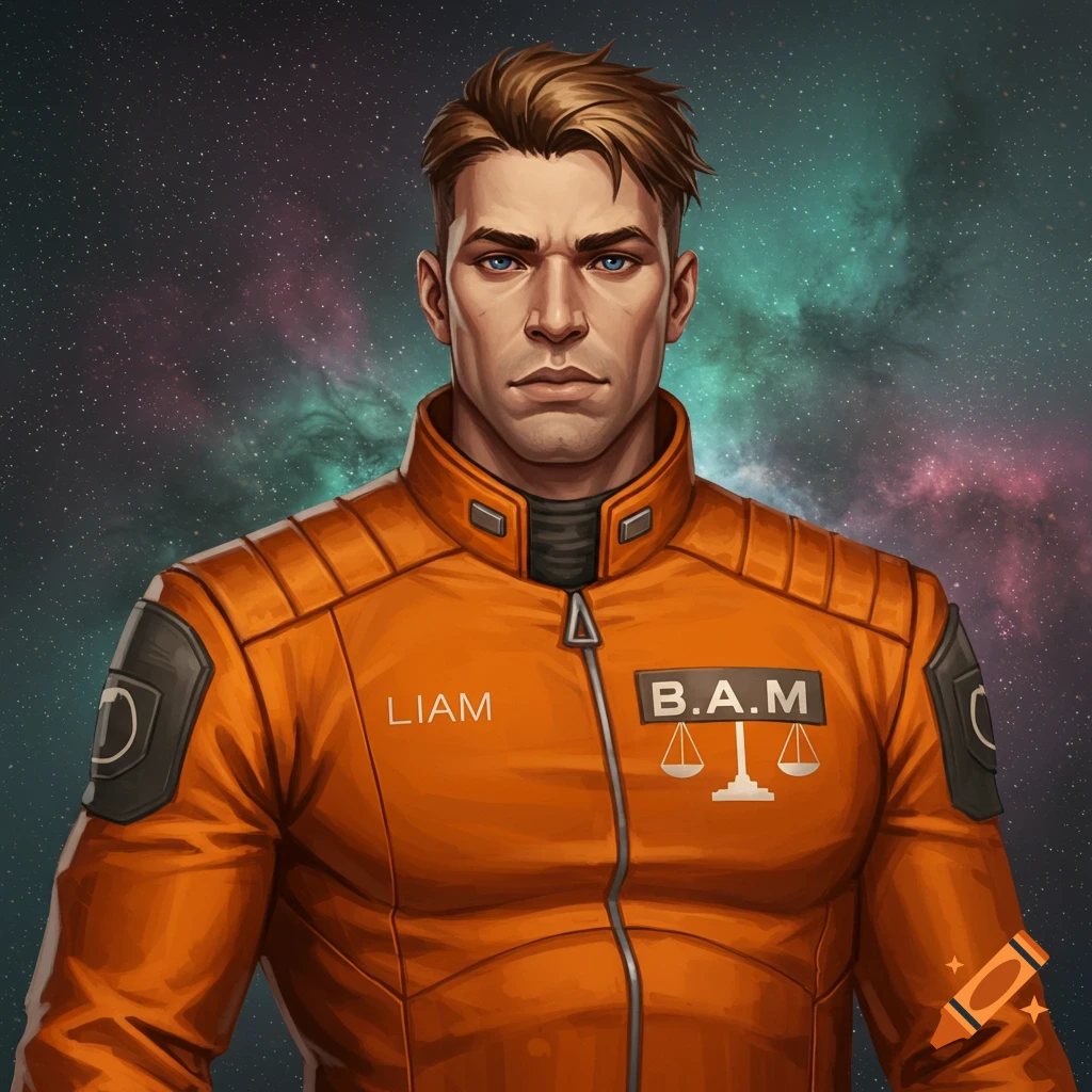 a man in an orange space uniform against a galaxy background
