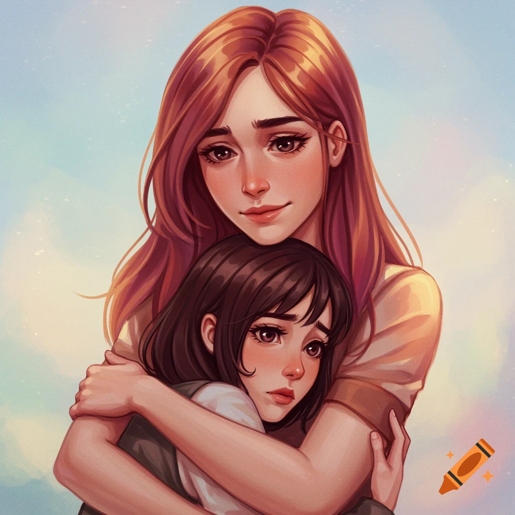 Painting of a woman with reddish-brown hair embracing a woman with dark hair against a soft sky background.