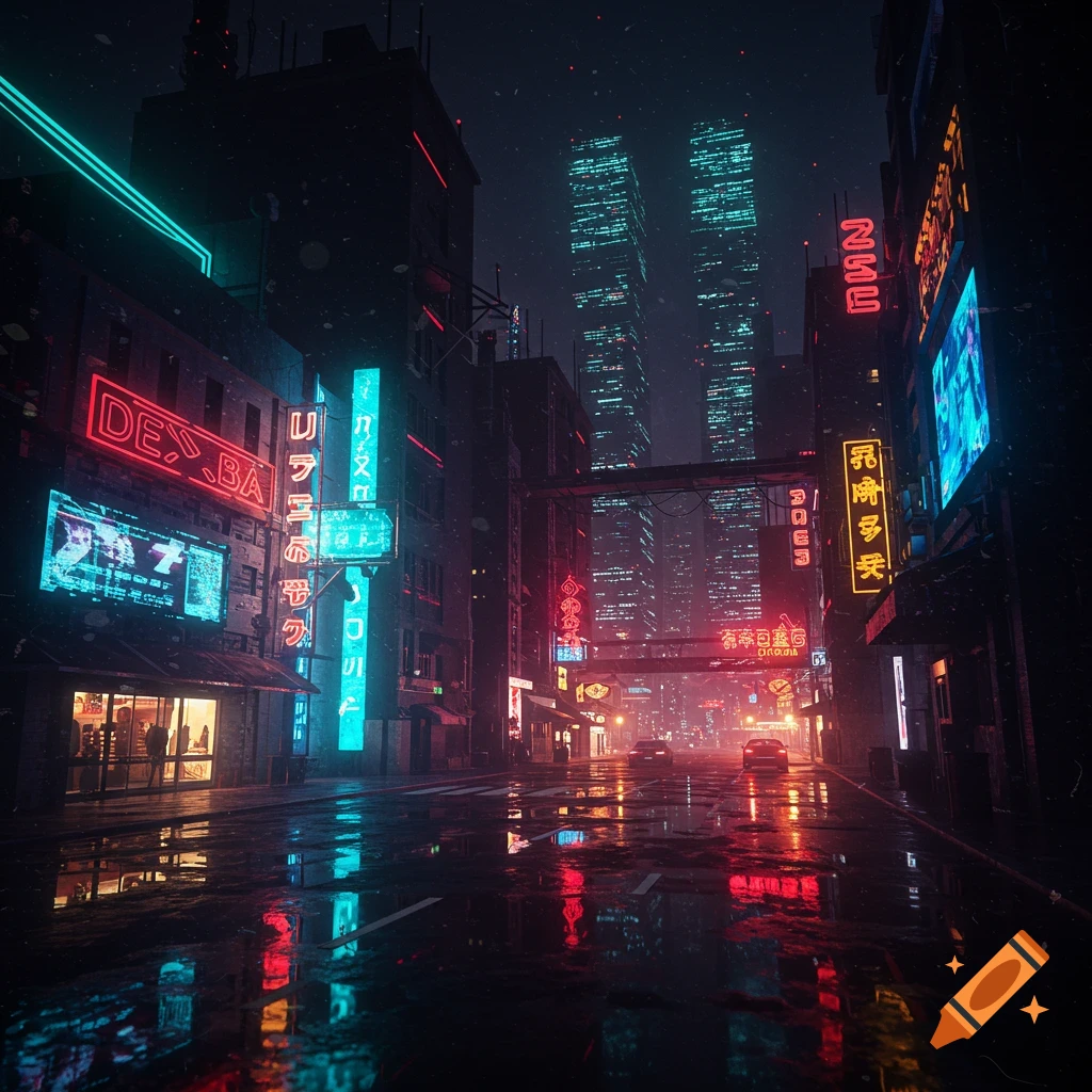 A dark, rainy street in a futuristic city at night, illuminated by colorful neon signs reflecting on the wet pavement.