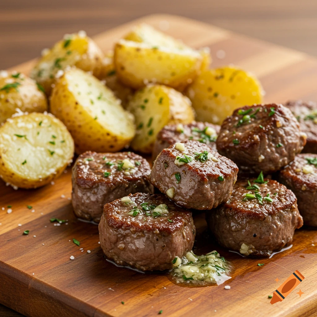 Garlic parm steak bites with potatoes on a wooden board, photorealistic