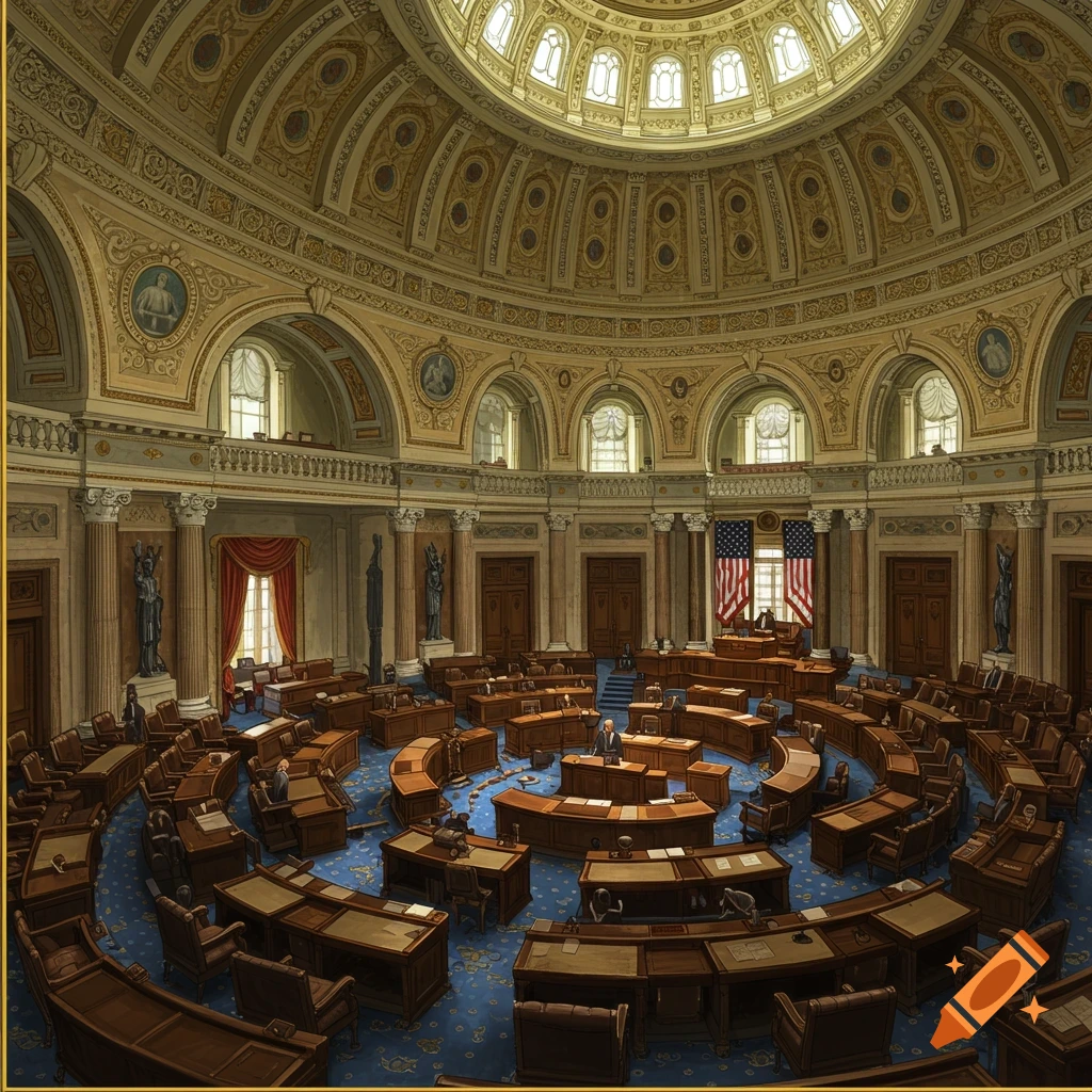 A large domed legislative chamber interior with desks and podium.