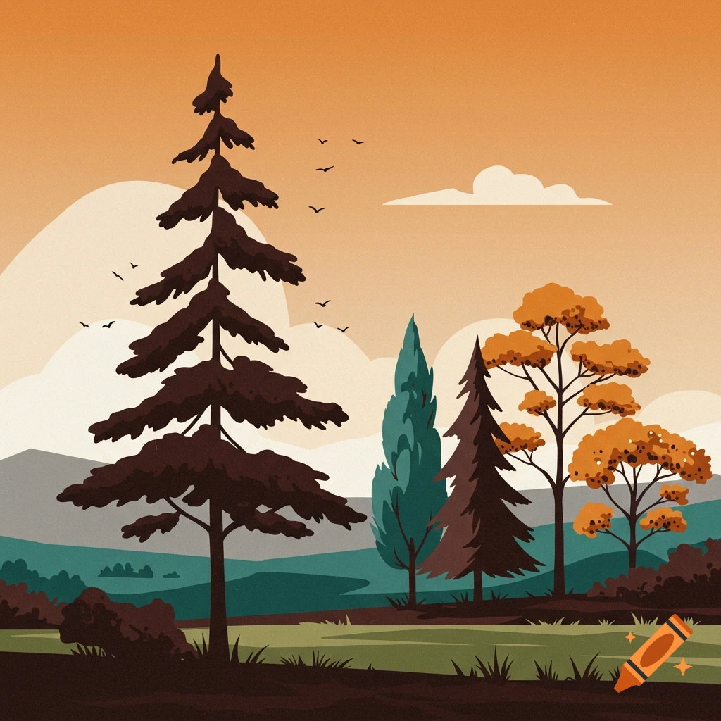 A stylized depiction of a forest landscape at sunset with trees, hills, and birds.