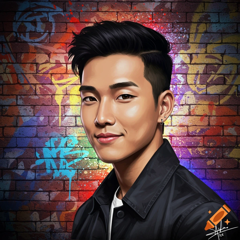 A man smiles in front of a brick wall covered in colorful graffiti.