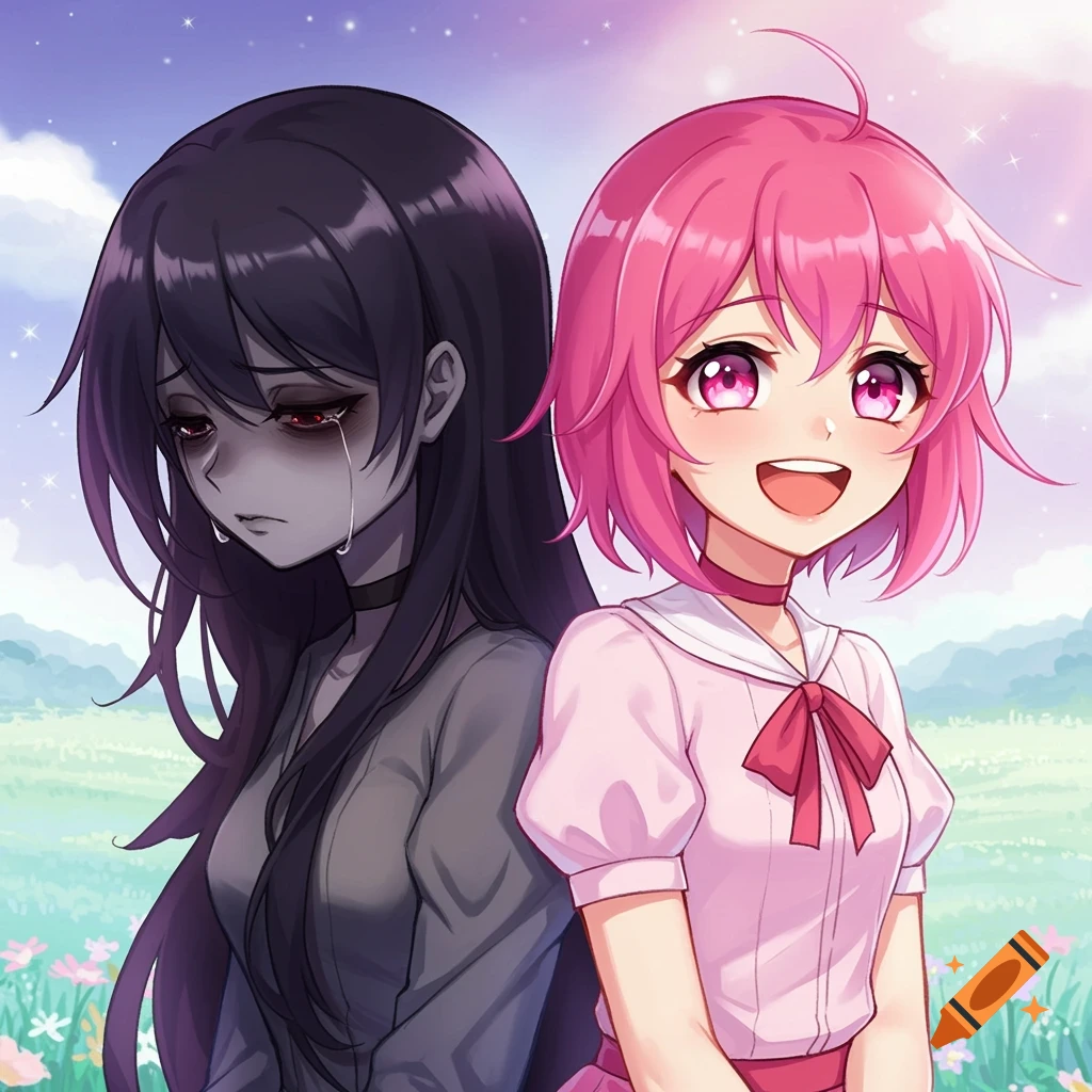 Anime illustration of two girls back-to-back, one sad with dark hair, one happy with pink hair, in a field.