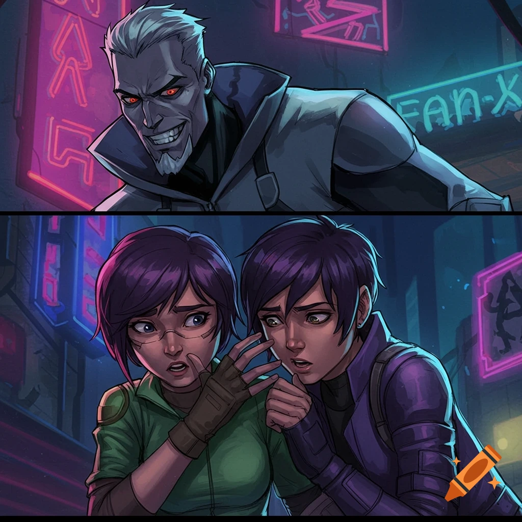 Split scene: villainous man watches two scared women on a neon city street.