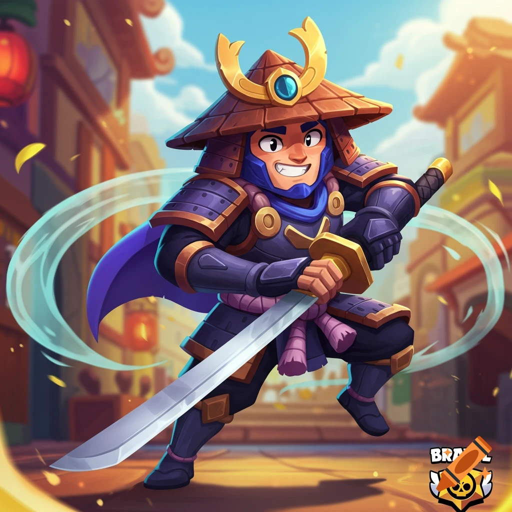 Cartoon samurai character from Brawl Stars holding a sword in a street.