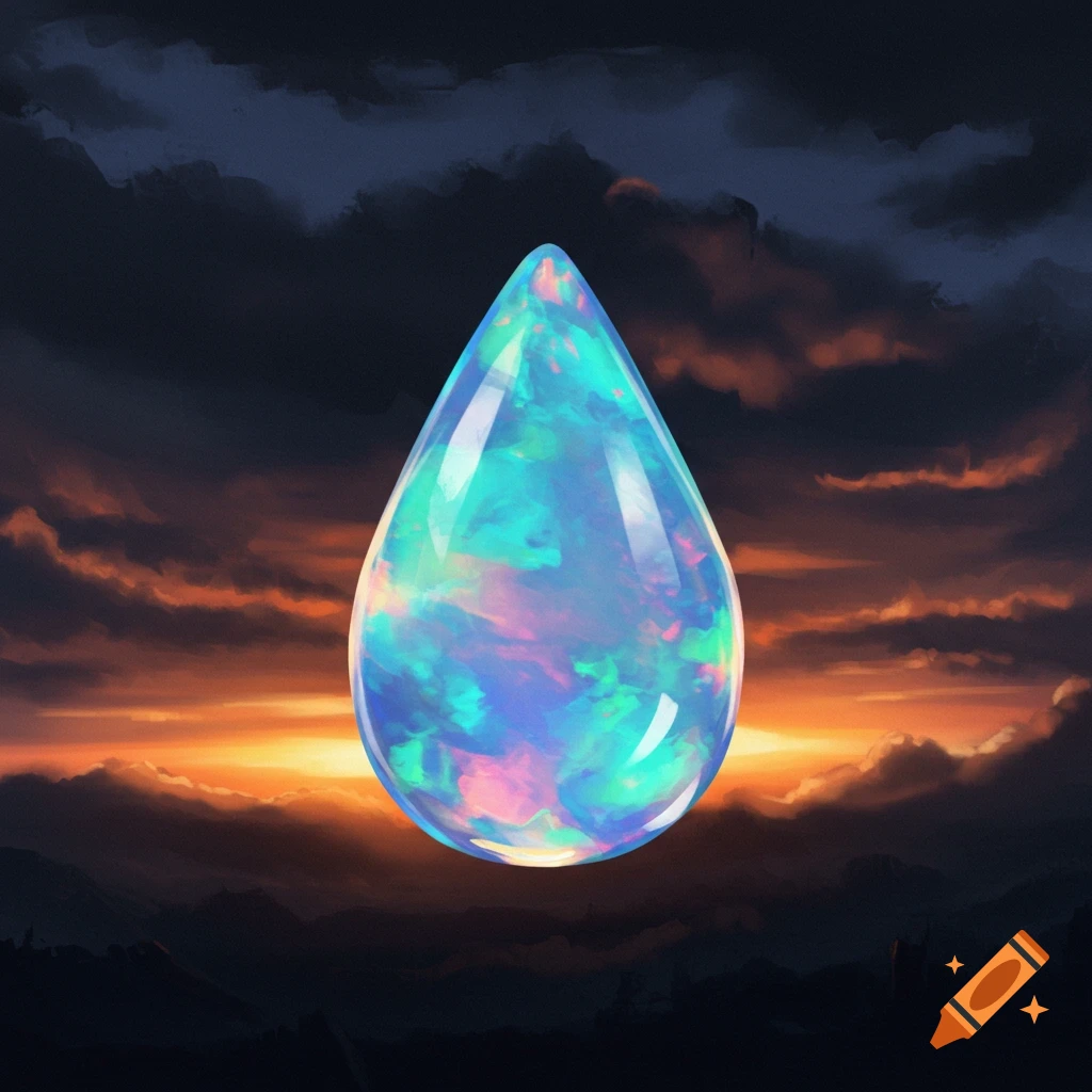 An iridescent opal raindrop floating in front of a sunset sky over a dark landscape.