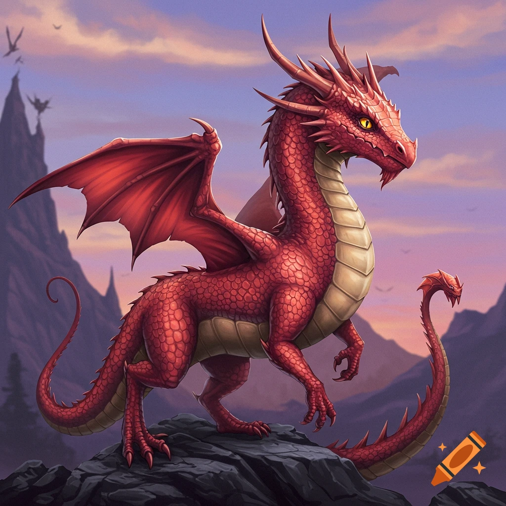 A red dragon stands on rocks against a sunset sky.