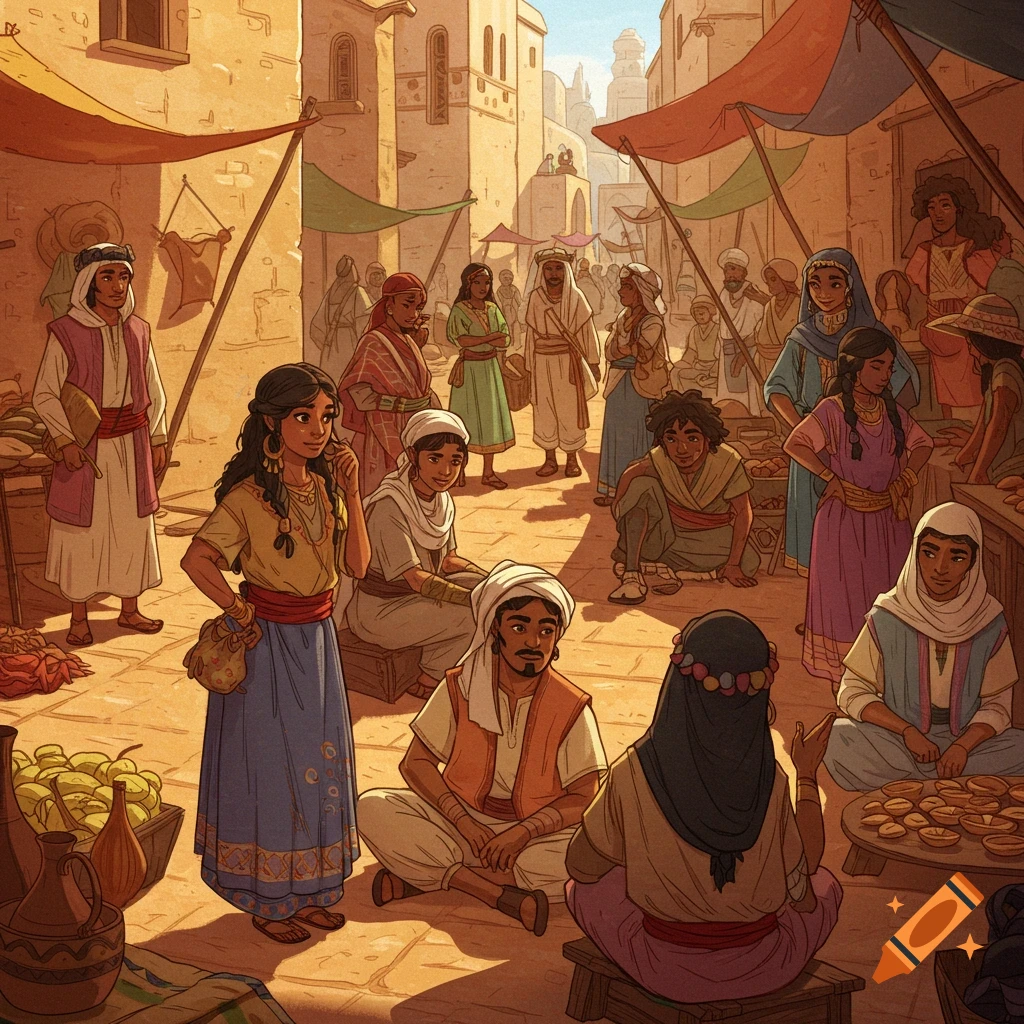 A bustling market scene in a Middle Eastern town illustration.