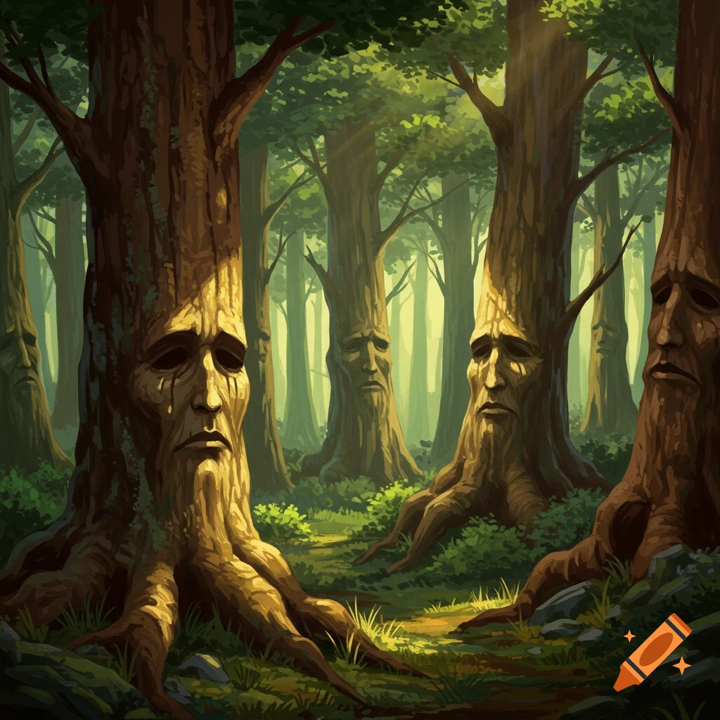 A forest with sad faces carved into the tree trunks.