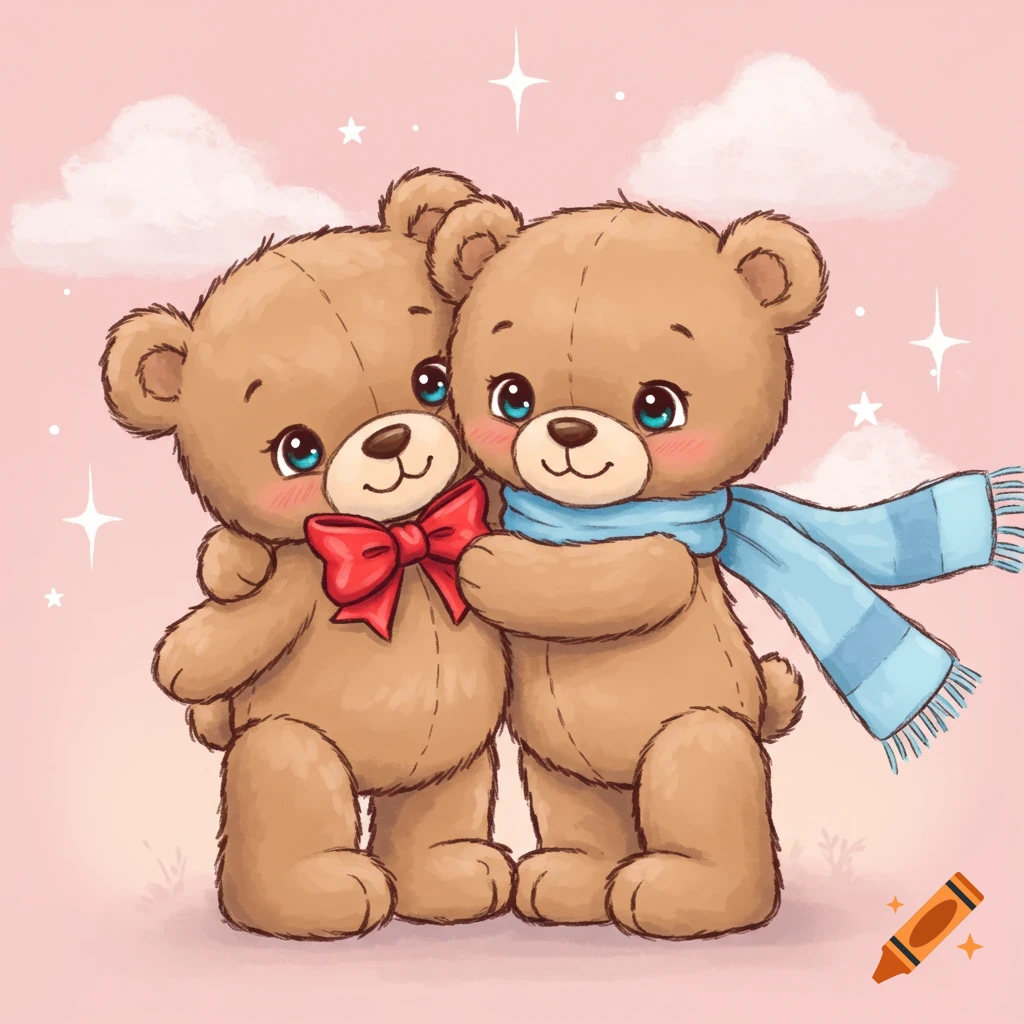 Illustration of two cute teddy bears hugging with a pink background