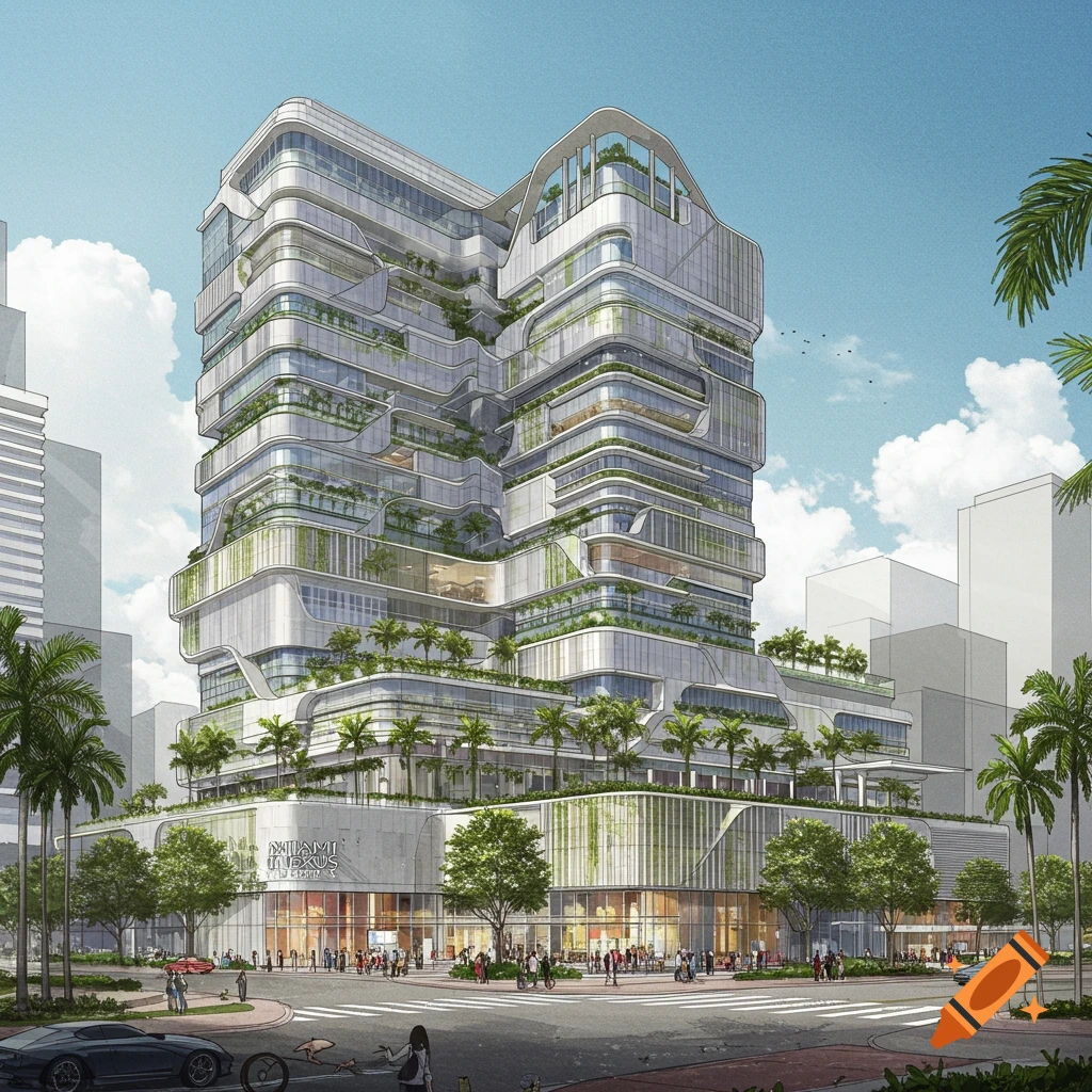 A modern mixed-use building featuring curved facades, integrated greenery, and vibrant street activity.