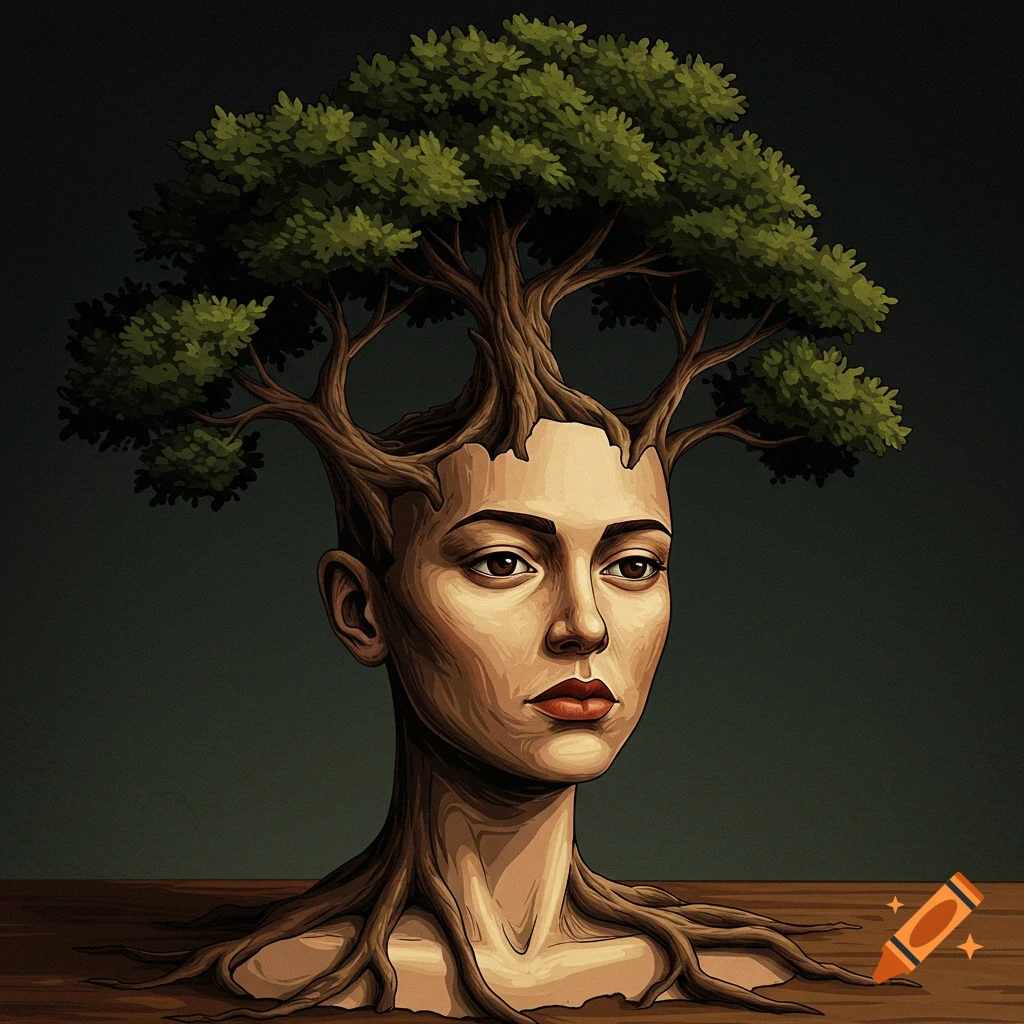 Digital illustration of a woman's head with a tree growing from the top and roots around her neck, in a woodcut style.