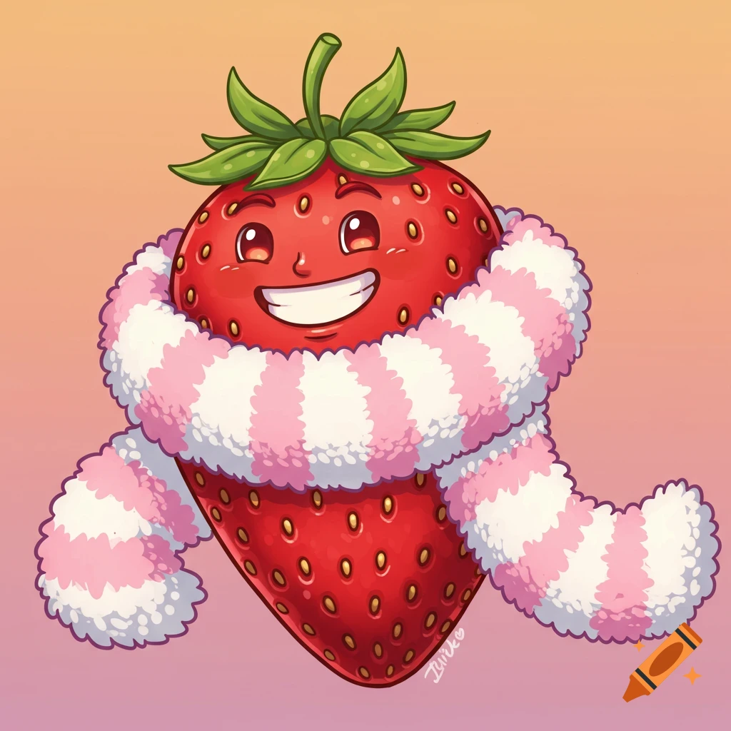 Cartoon strawberry character with a big smile wearing a pink and white striped fluffy scarf