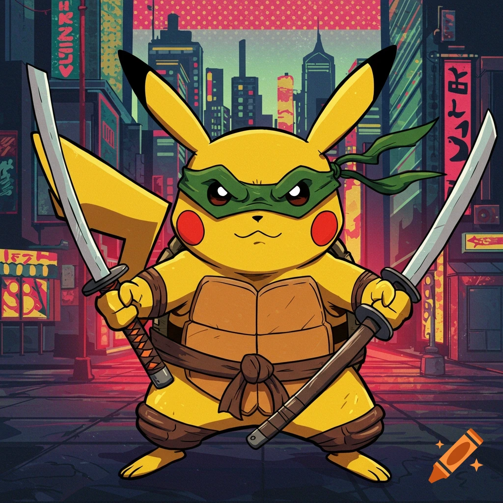 Pikachu dressed as a Ninja Turtle, holding two katanas in a city street. Digital illustration.