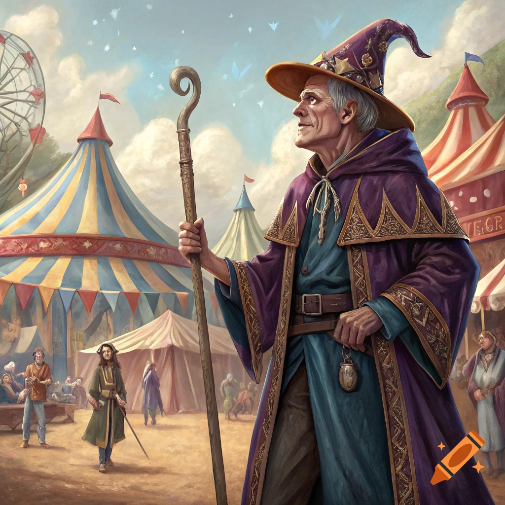 A wizard with a staff stands in front of circus tents and crowds under a bright sky.