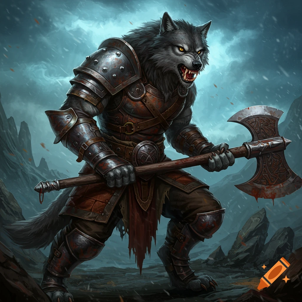 Powerful wolf warrior in dark armor holds a bloody axe in a rocky, stormy landscape.