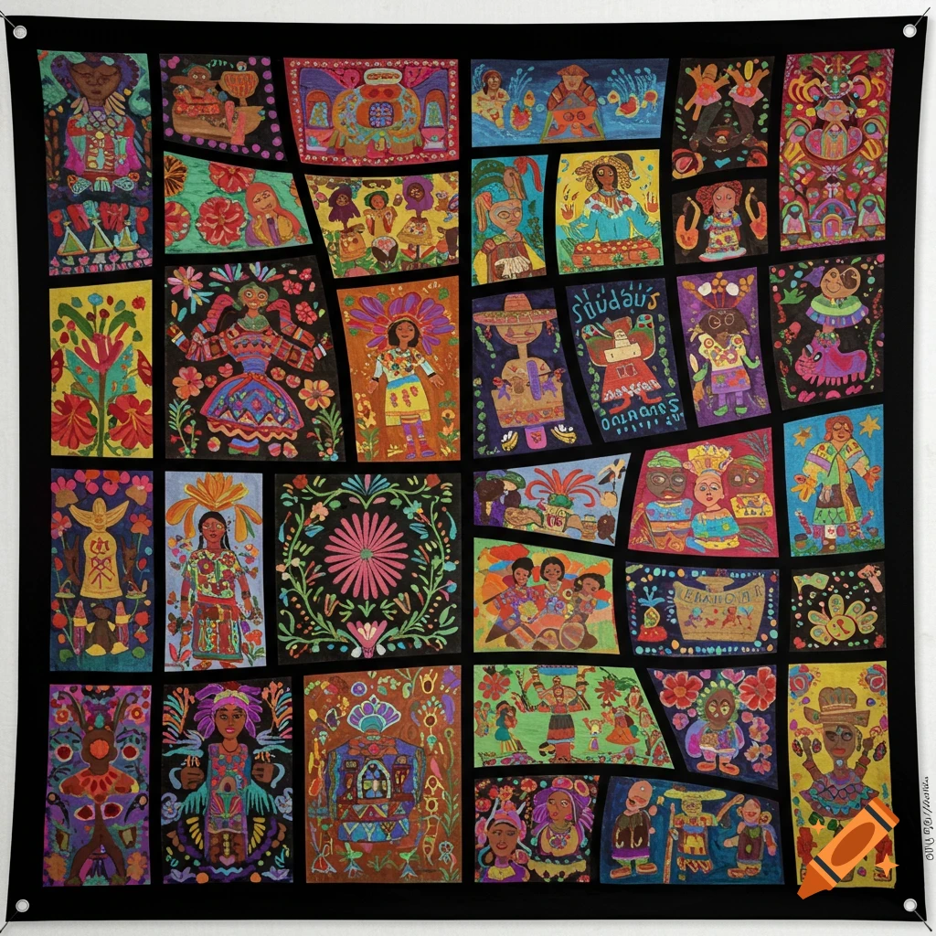A black banner is covered in colorful, stylized folk art panels with figures and designs.