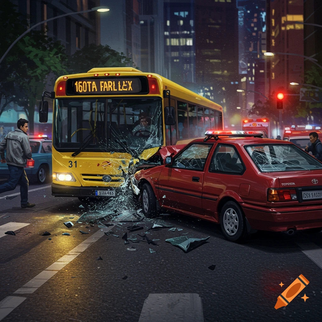 A bus and car have crashed on a city street at night.