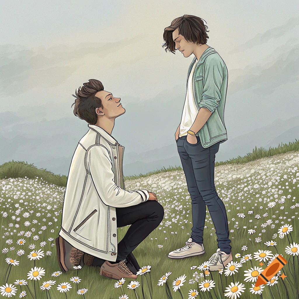 Illustration of two young men in a daisy field, one kneeling.