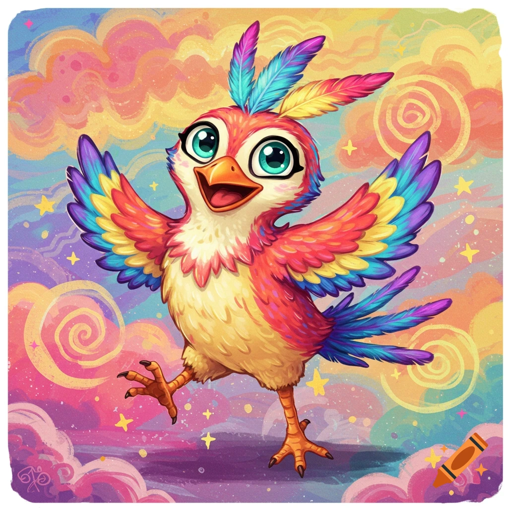 A colorful, happy cartoon bird with wings spread stands in a pastel sky with clouds and stars.