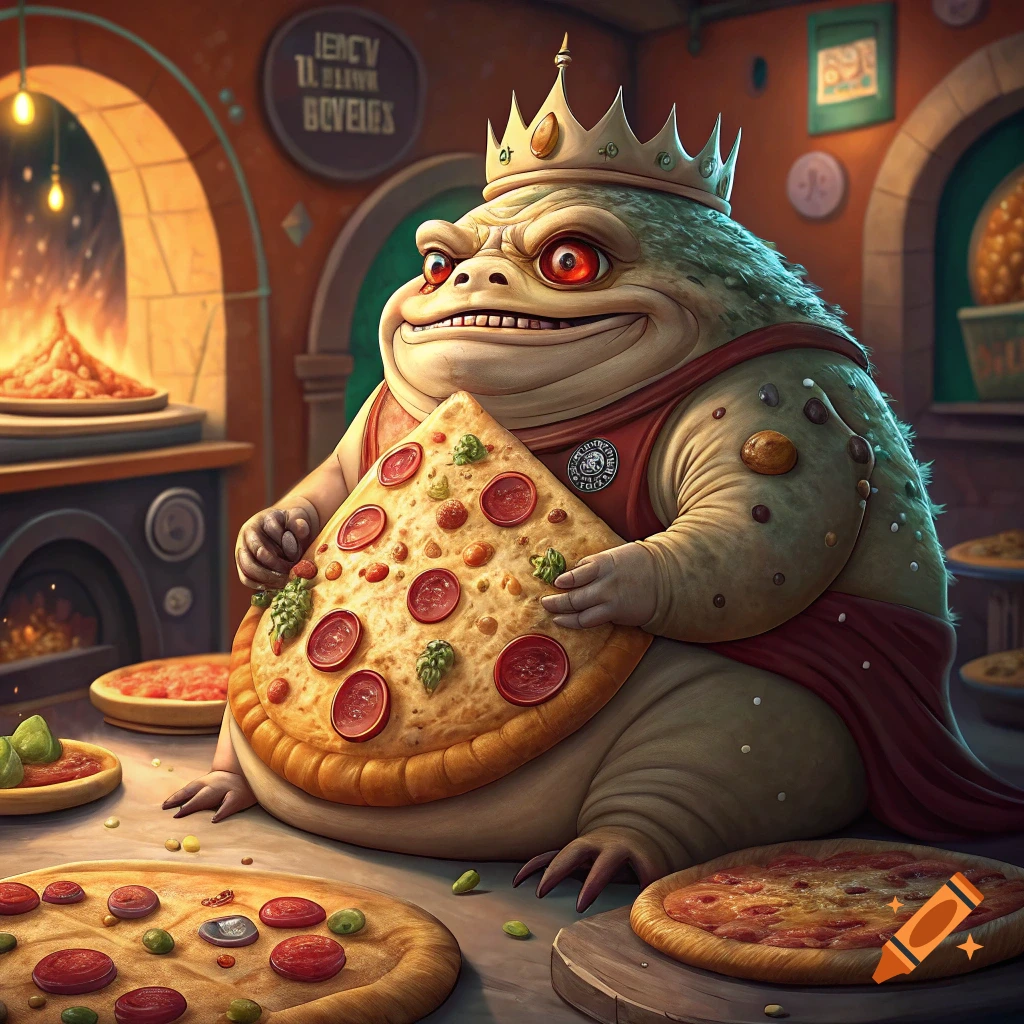 A large, smiling toad-like creature wearing a crown and apron holds a giant slice of pizza in a busy kitchen.