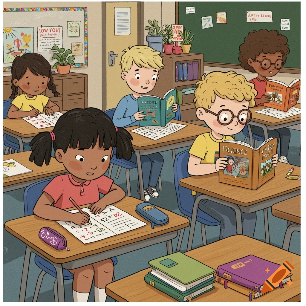 Cartoon illustration of diverse children in a classroom, reading and doing schoolwork.