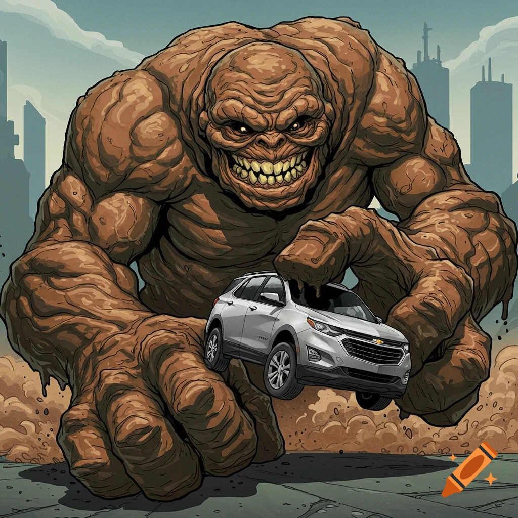 A giant mud monster holds up a silver Chevy Equinox SUV in a city. Comic book art style.