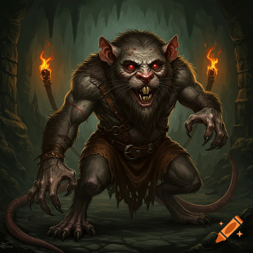 A scary fantasy ratman creature with red eyes stands in a cave illuminated by torches.