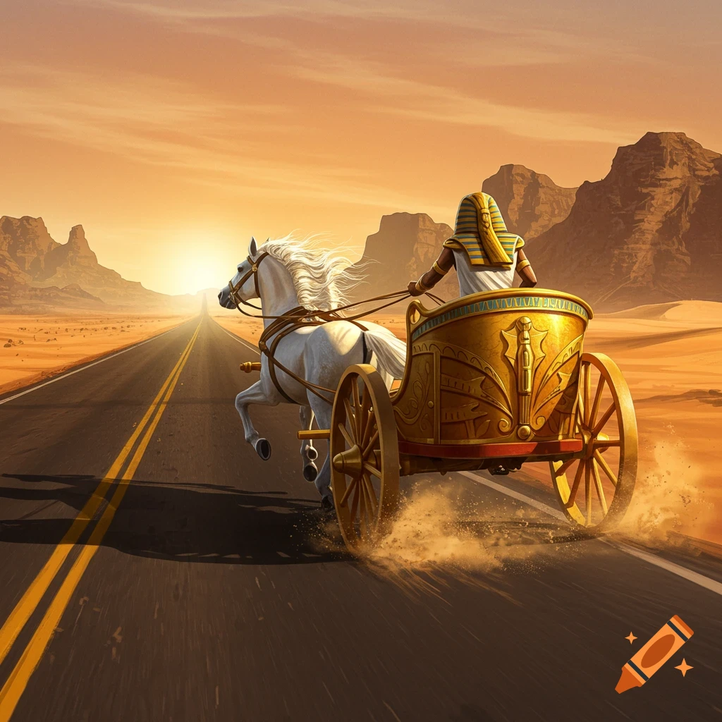 An ancient Egyptian chariot pulled by a white horse races down a desert highway at sunset.