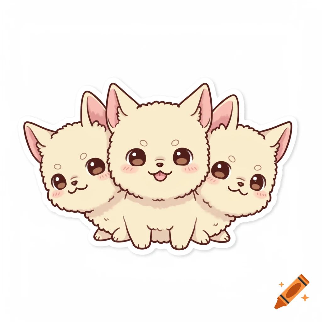 A cute anime-style sticker of a three-headed Cerberus puppy.