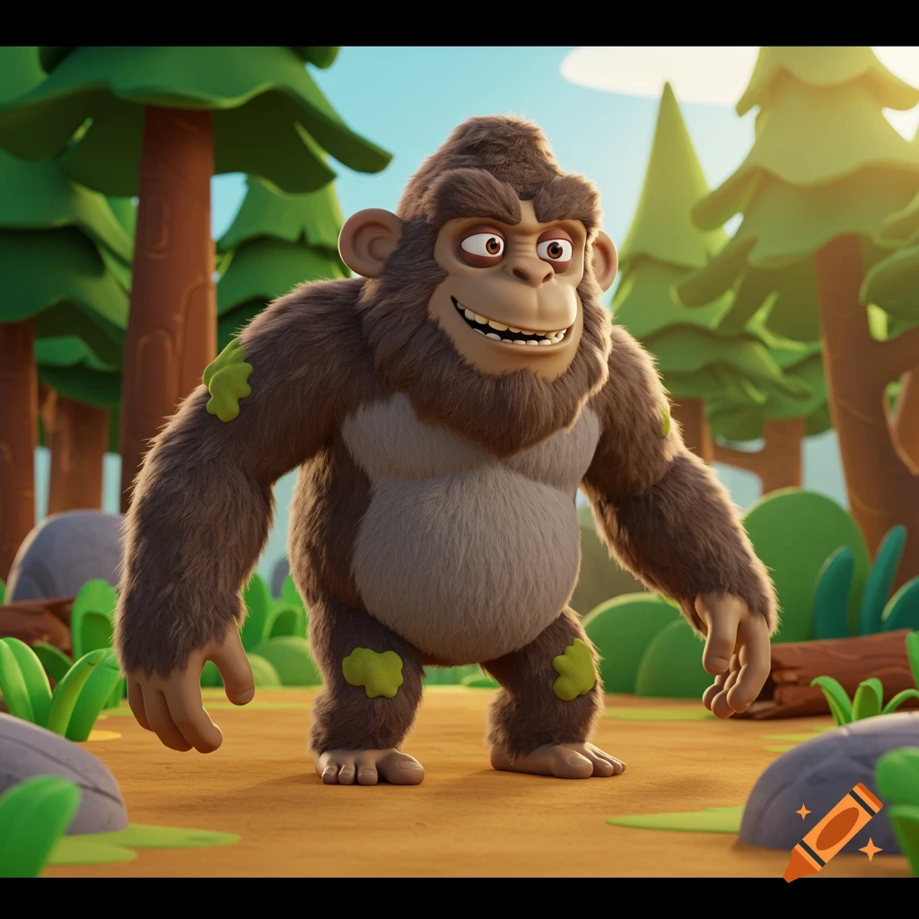 3D cartoon sasquatch standing in a forest.