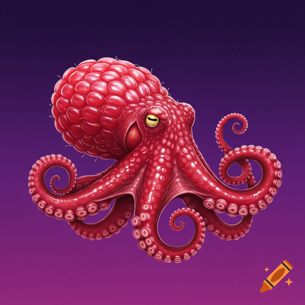 A red octopus with a raspberry head against a purple background.