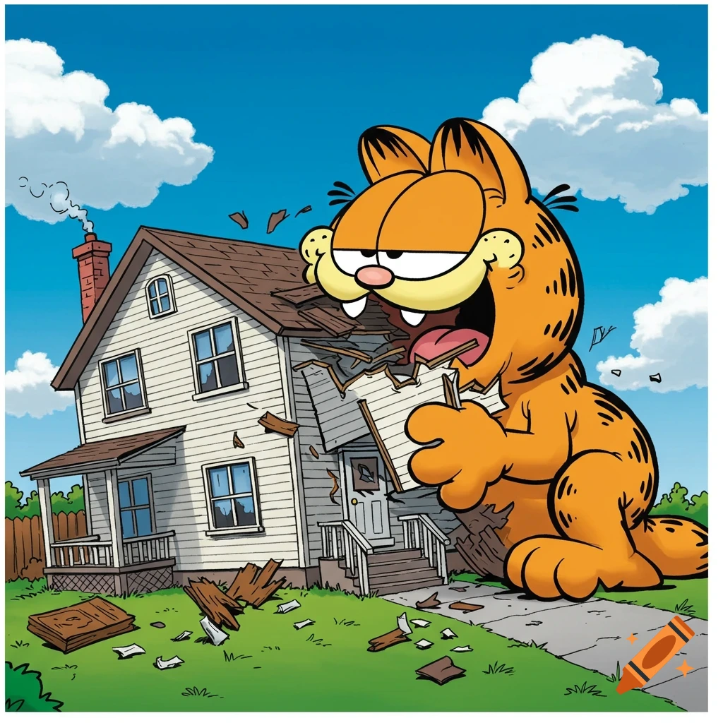 Giant cartoon Garfield biting into the side of a house with debris on the ground.
