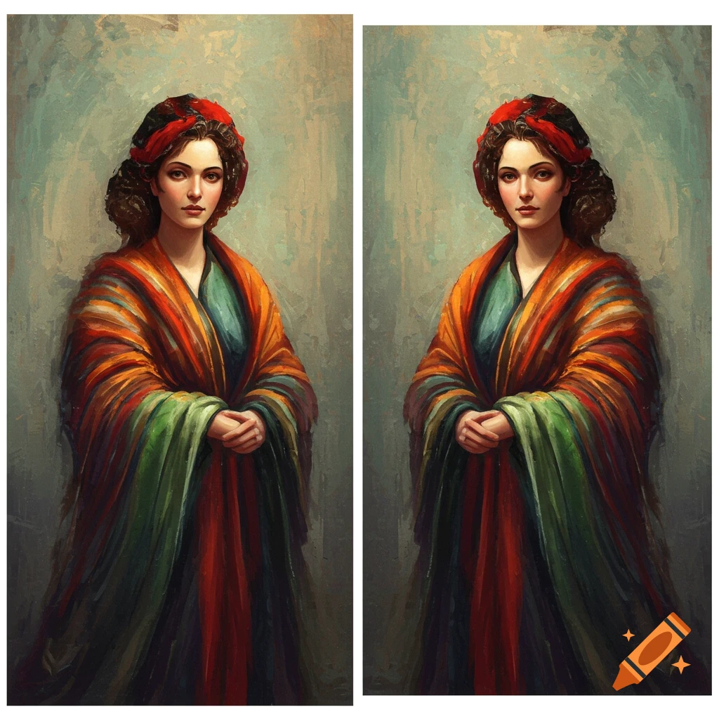 Painting of a woman in a colorful striped shawl and red head covering.