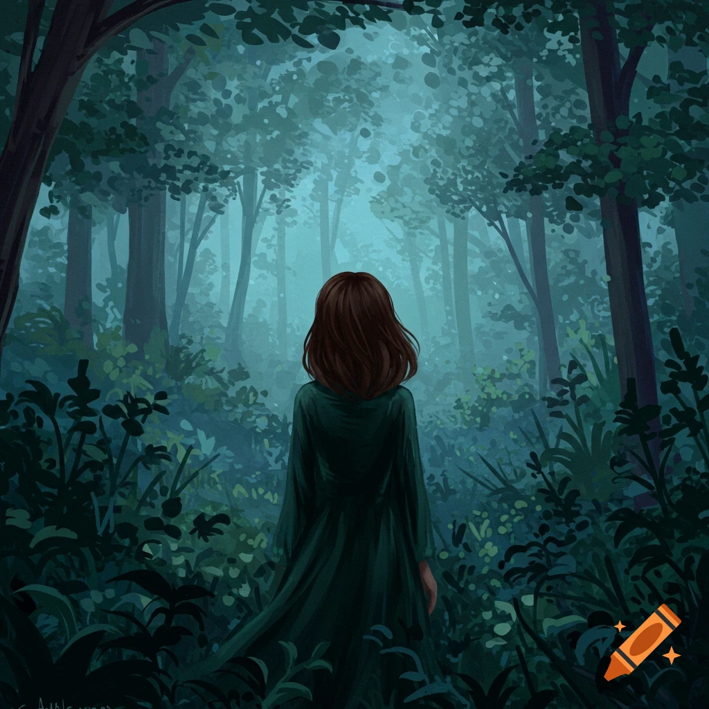 A woman in a green dress looks into a dark forest.
