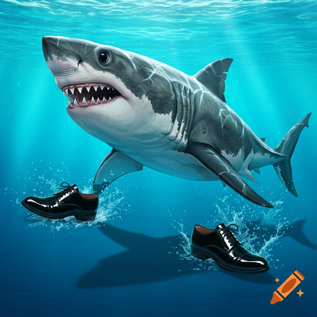 A shark underwater with two black shoes floating nearby