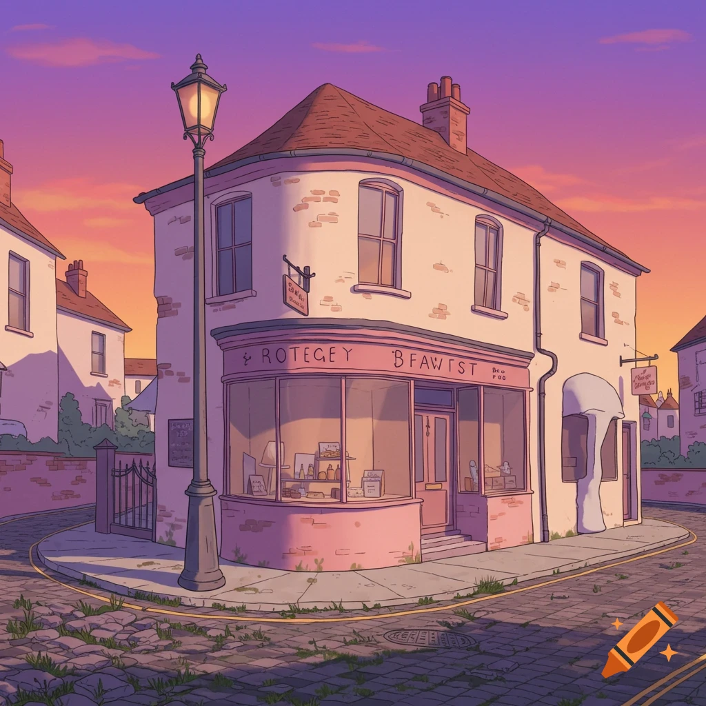 Cartoon building on a street corner at sunset.