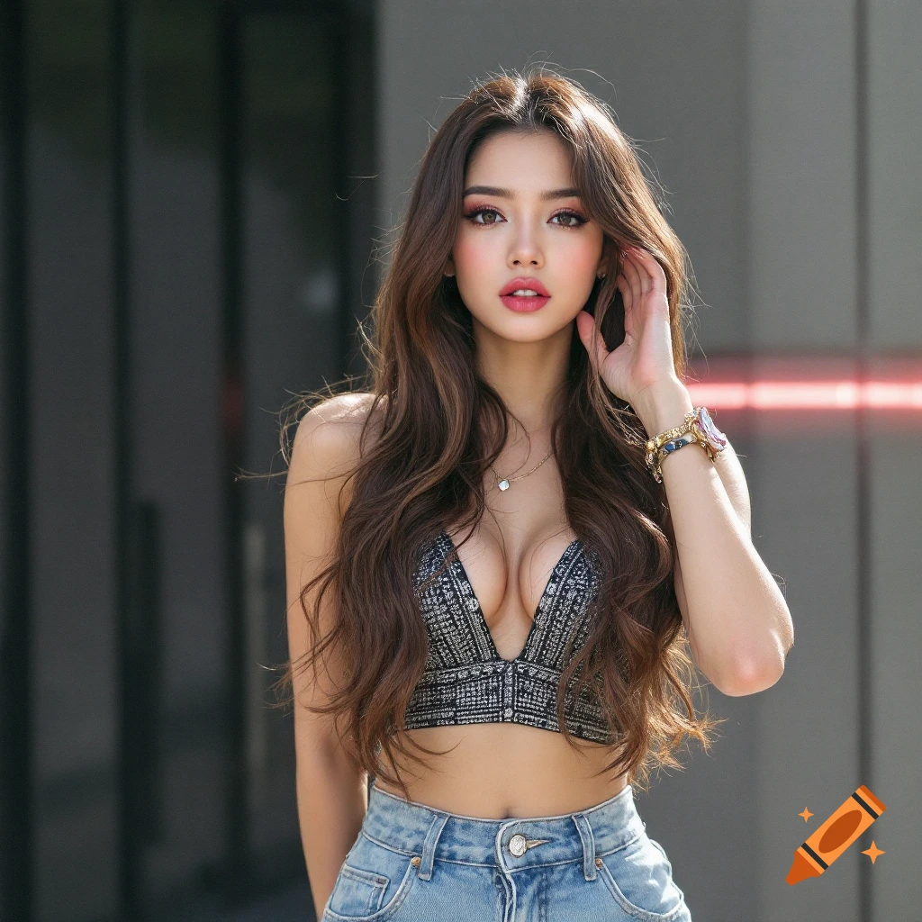 Portrait of a woman with long brown hair in a deep v-neck top and jeans posing outdoors
