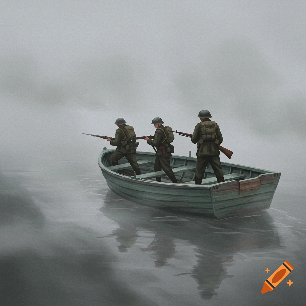 three soldiers in a small boat in heavy fog