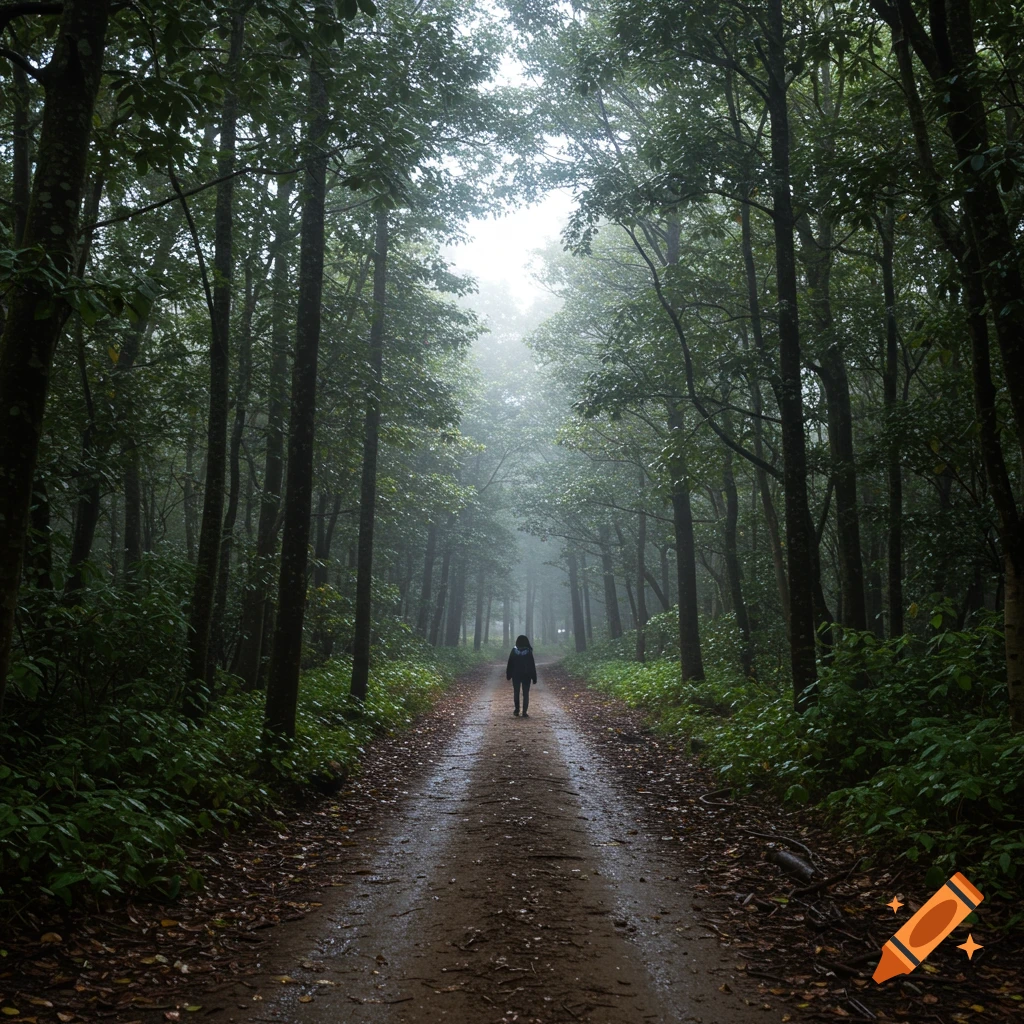 A person walks down a misty dirt path through a dense forest.