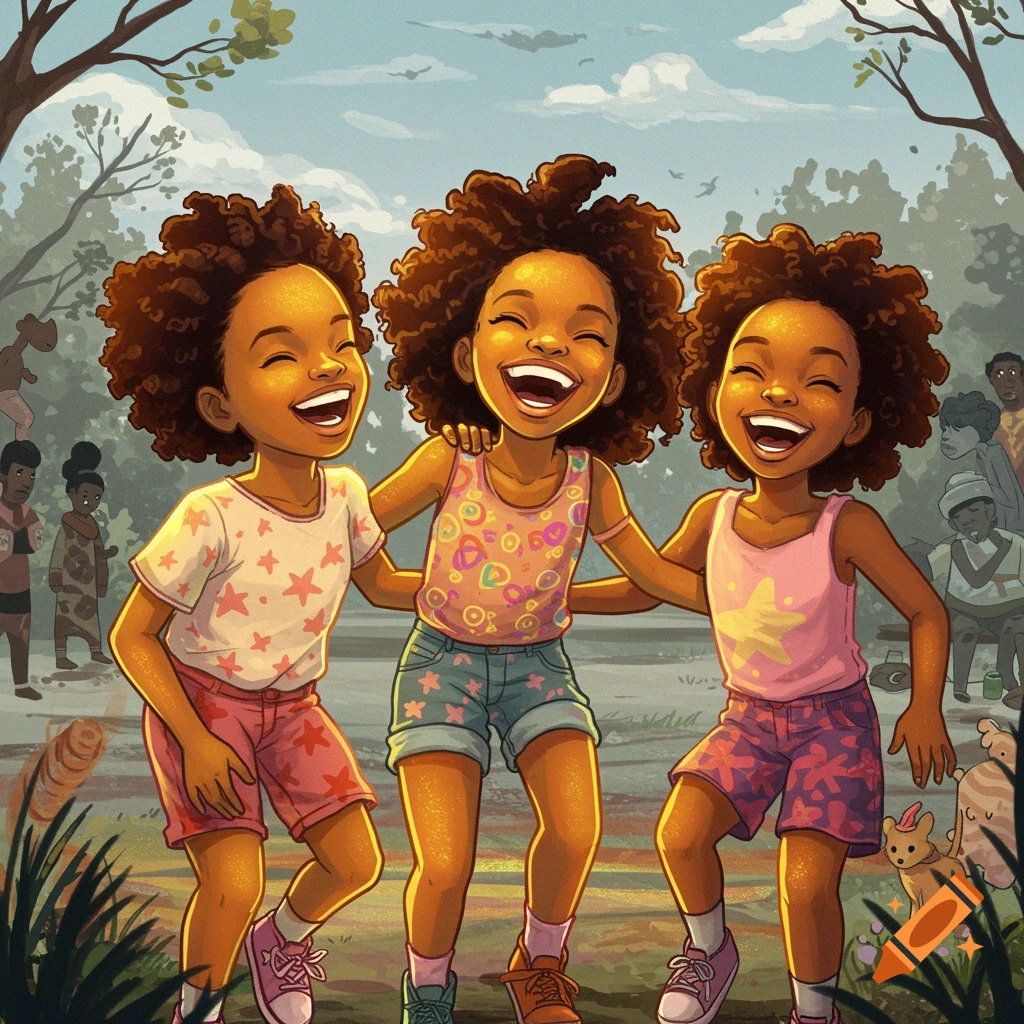 Three young Black girls laugh and dance in a vibrant cartoon style in a park.