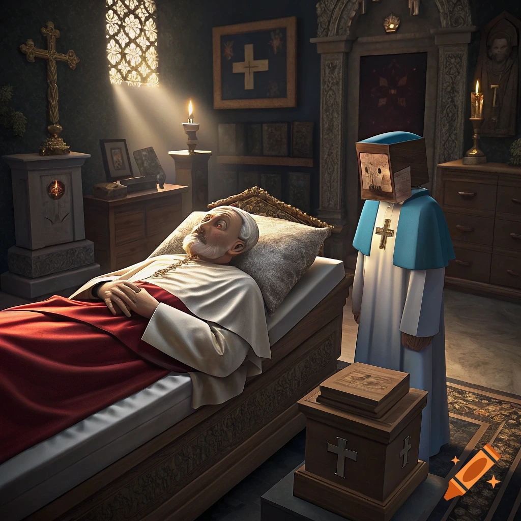 Deceased man resembling a pope on a bed in a church, with a box-headed figure standing nearby. Photorealistic.