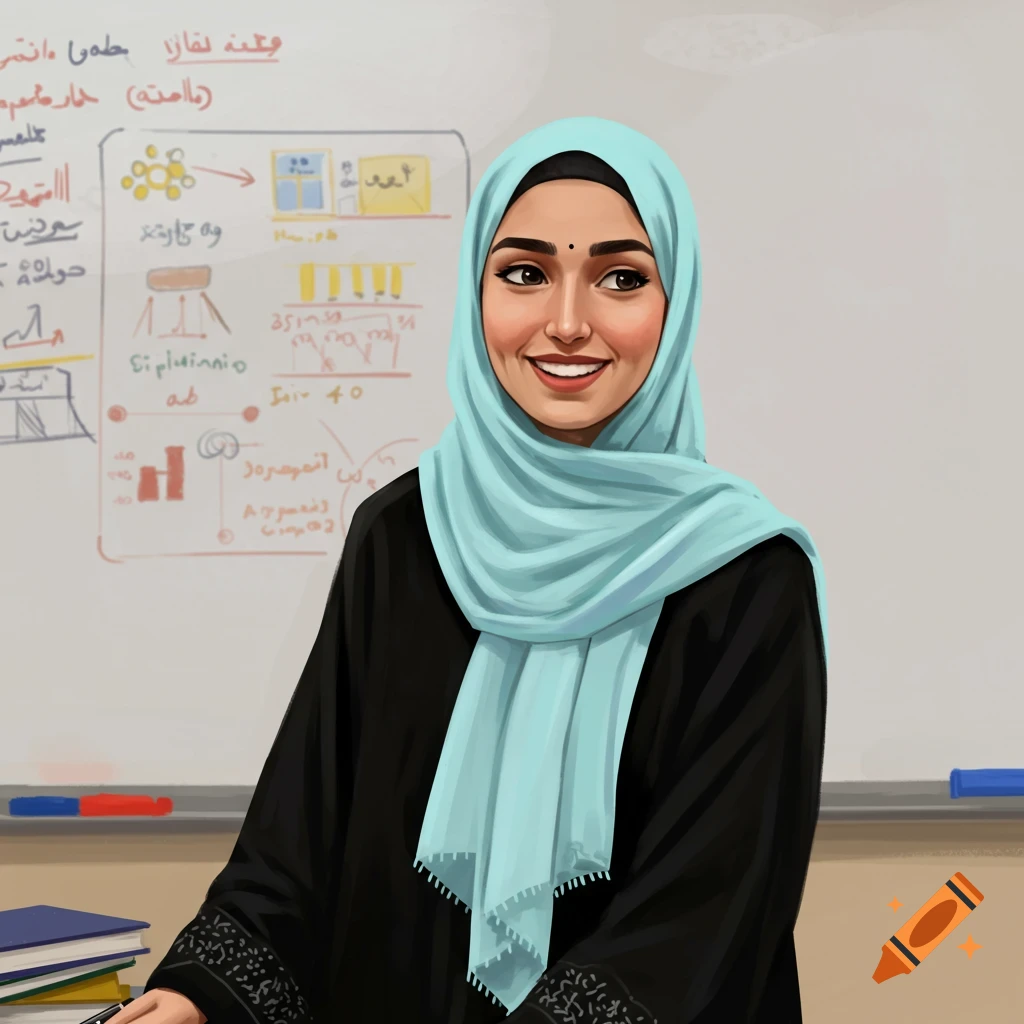 Image of a smiling teacher wearing a light blue hijab and black abaya standing in front of a whiteboard.