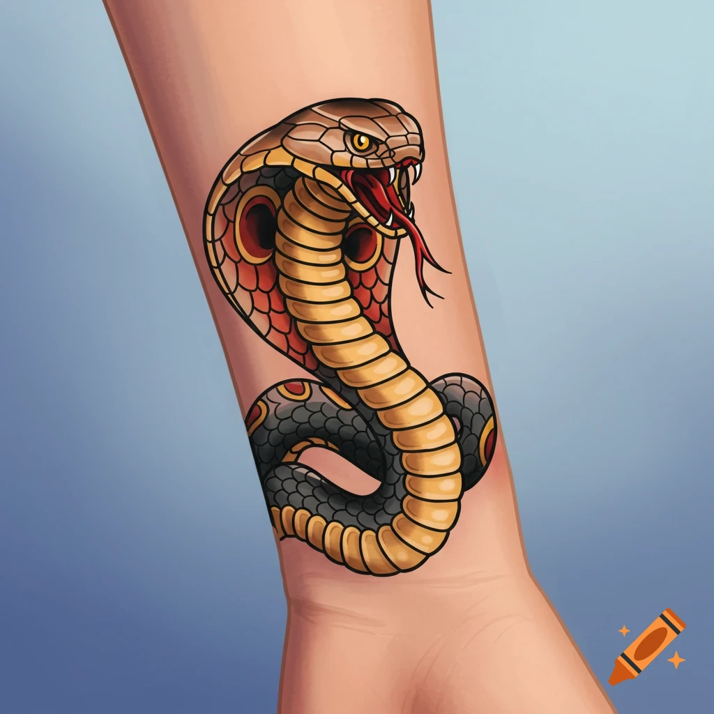 A traditional cobra tattoo is on a person's arm.